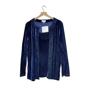Quacker Factory Blue Velvet Rhinestone Twinset Blouse Holiday Top 1X NWT